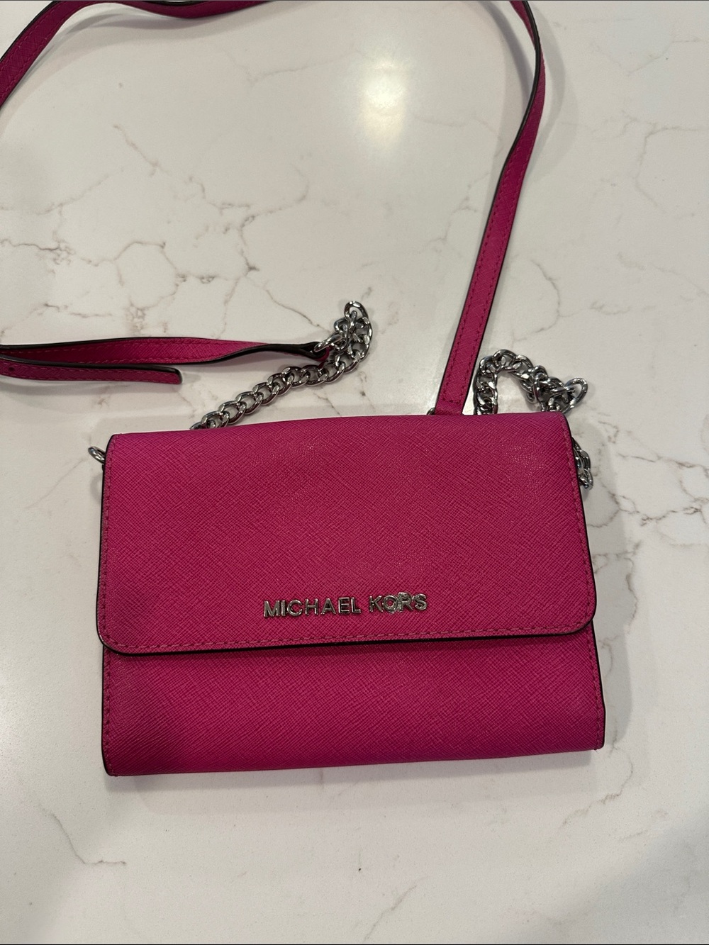 Michael Kors Hot Pink Crossbody Bag with Silver Chain
